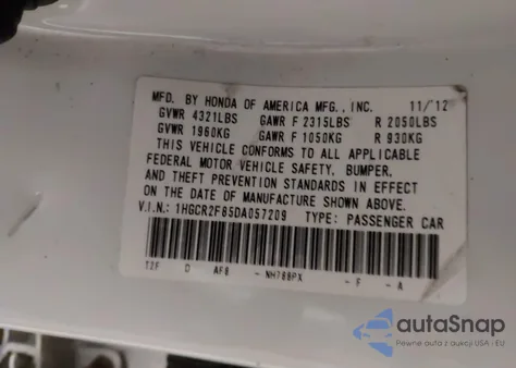 2013 Honda Accord Ex-L from USA, damaged, VIN 1HGCR2F85DA057209